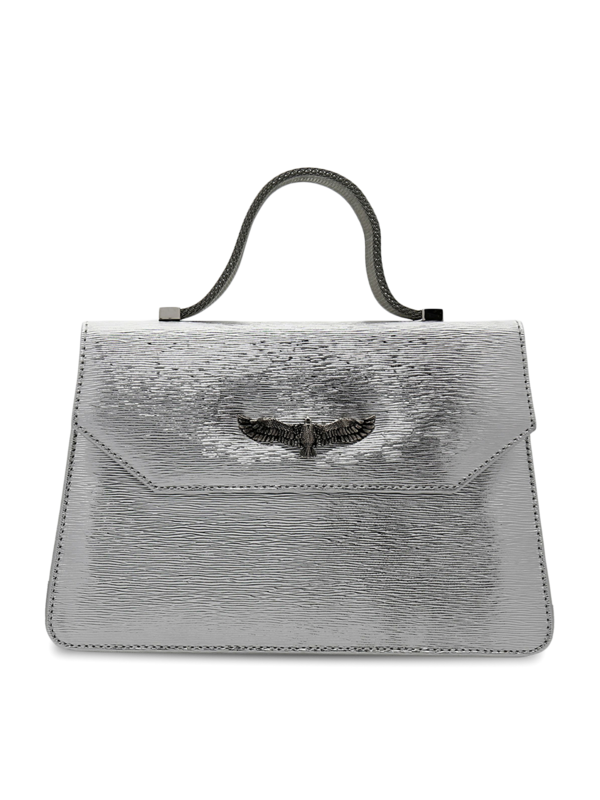 Structured Brushed Silver Handbag with Statement Eagle Embellishment