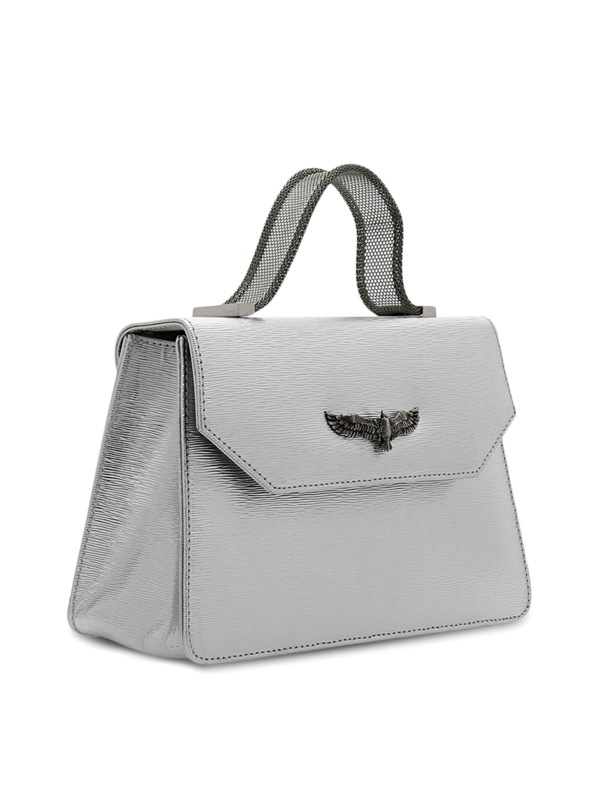 Structured Brushed Silver Handbag with Statement Eagle Embellishment