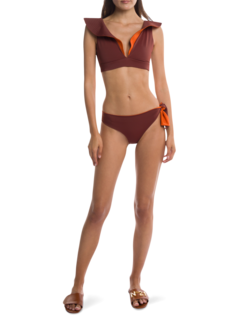 Brown-and-Orange Ruffled Bikini Swimsuit