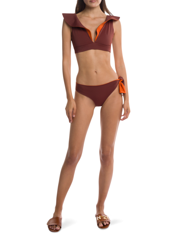 Brown-and-Orange Ruffled Bikini Swimsuit