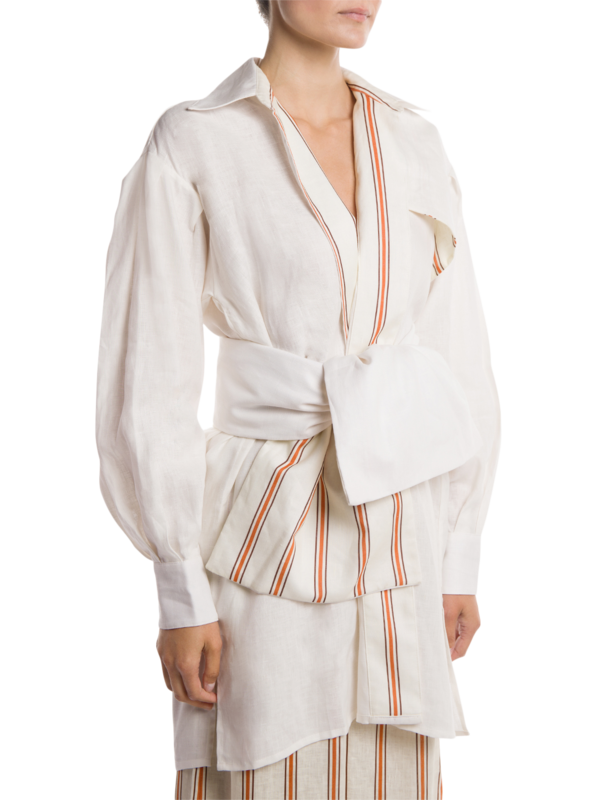 White and Orange-Striped Multi-Layered Linen Shirt