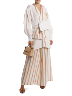 White and Orange-Striped Multi-Layered Linen Shirt