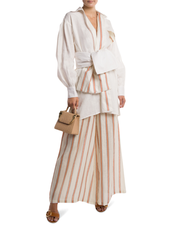 White and Orange-Striped Multi-Layered Linen Shirt