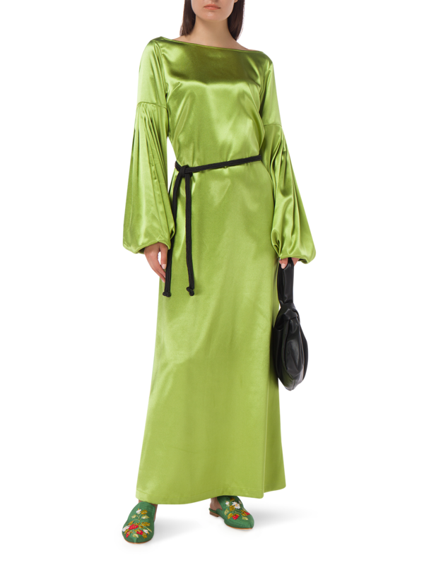 BOAT NECK DRESS WITH PUFFED SLEEVES
