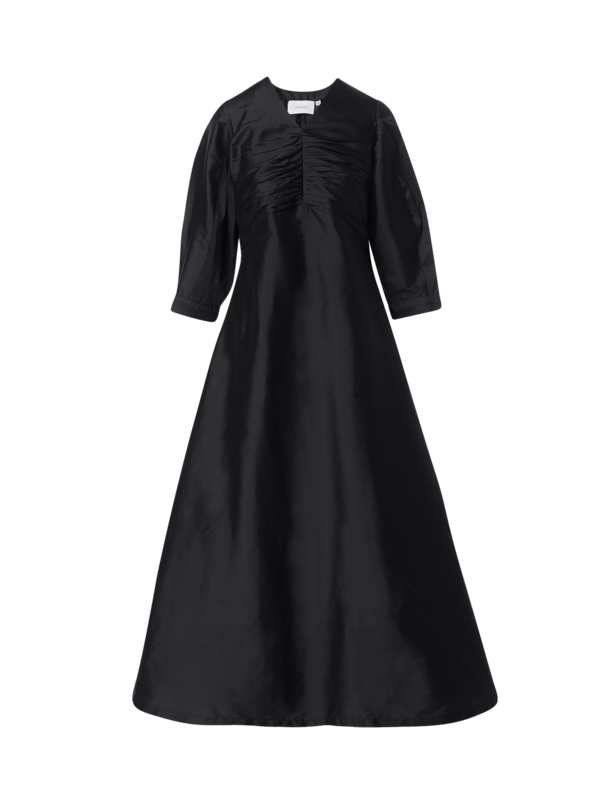 A-LINE DRESS WITH A PLEATED FRONT AND PUFFED SLEEVES