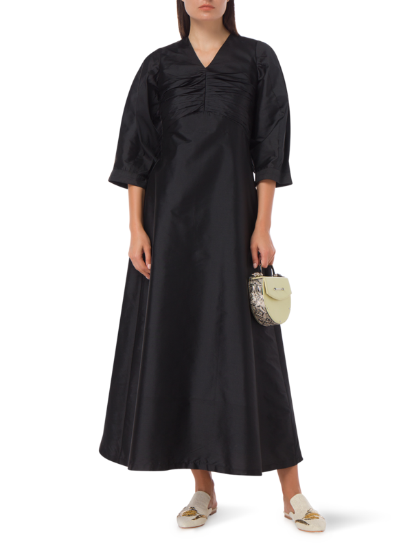 A-LINE DRESS WITH A PLEATED FRONT AND PUFFED SLEEVES
