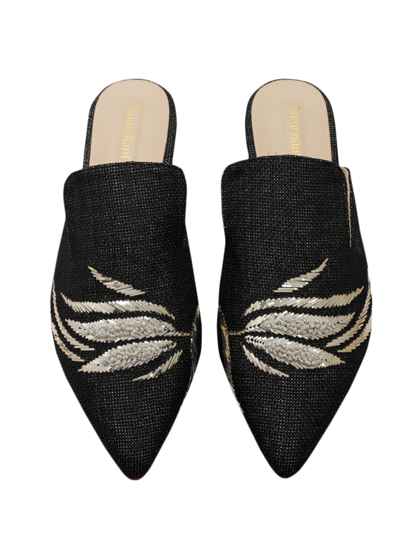 SCHEHERAZADE EMBROIDERED POINT TOE FLAT MULES