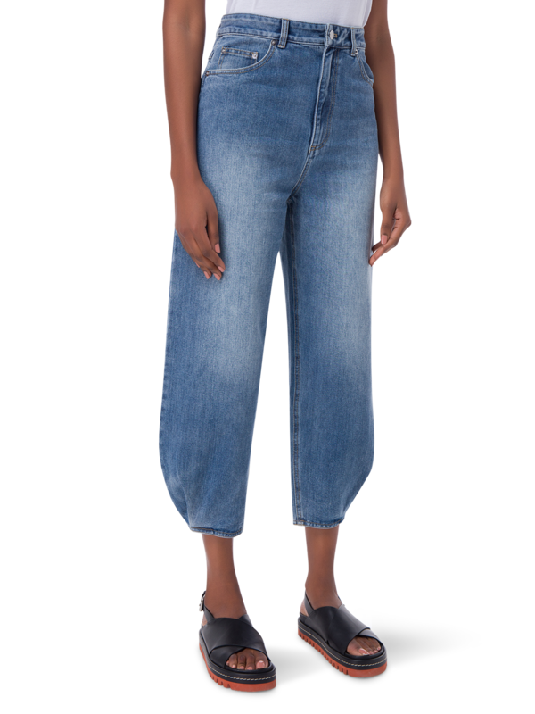 بنطال جينز كلاسيكي بخصر مرتفع من الجينز الباهت