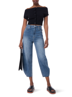 بنطال جينز كلاسيكي بخصر مرتفع من الجينز الباهت