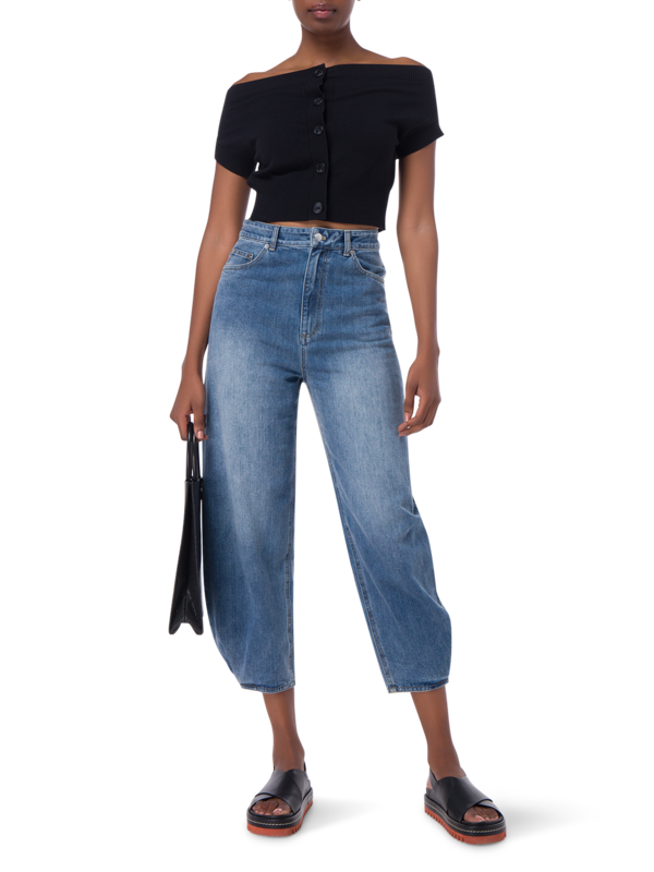 بنطال جينز كلاسيكي بخصر مرتفع من الجينز الباهت