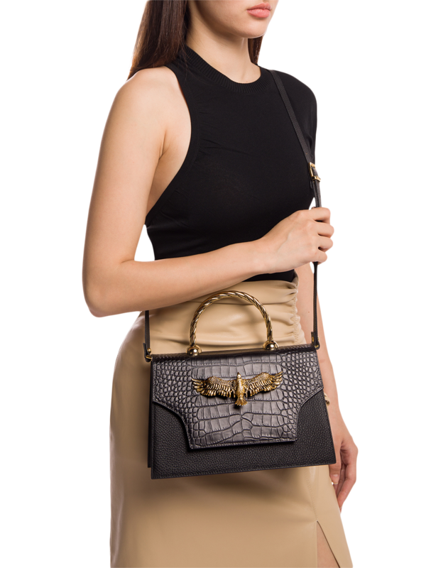 Structured Croc Effect Bag with Eagle Embellishment