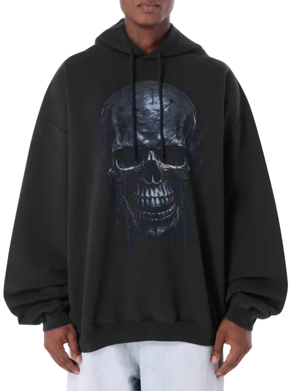 سويت شيرت ميتال أسود بغطاء للرأس وطبعة جمجمة