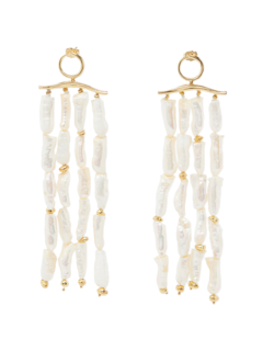 Gold Plated Waves Statement Long Pearl Earrings