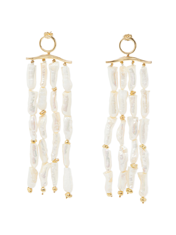 Gold Plated Waves Statement Long Pearl Earrings