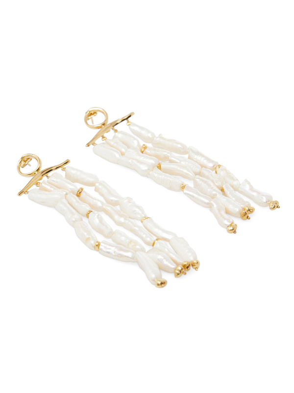 Gold Plated Waves Statement Long Pearl Earrings