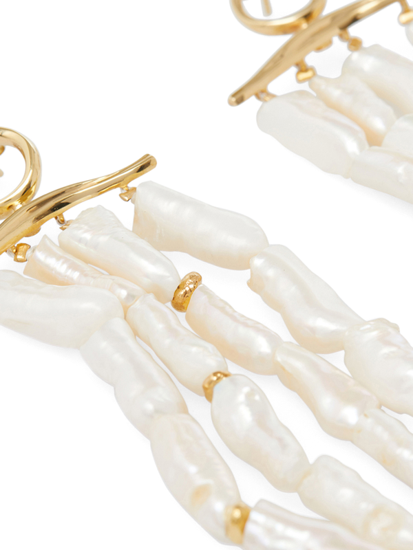 Gold Plated Waves Statement Long Pearl Earrings