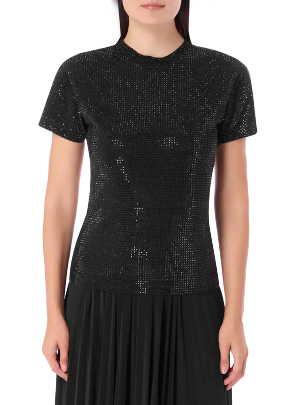 تيشرت بقصة ضيقة مزين بالكريستال الداكن