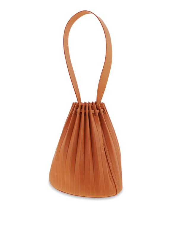 Pleated Leather Bucket Bag with Monochrome Straps
