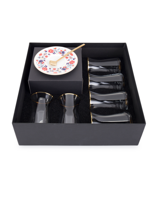 طقم إستكانة مشجر عتيق من 6 قطع مع ملاعق وأكواب زجاجية