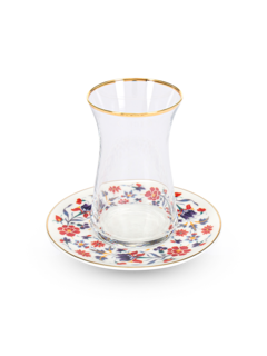 طقم إستكانة مشجر عتيق من 6 قطع مع ملاعق وأكواب زجاجية