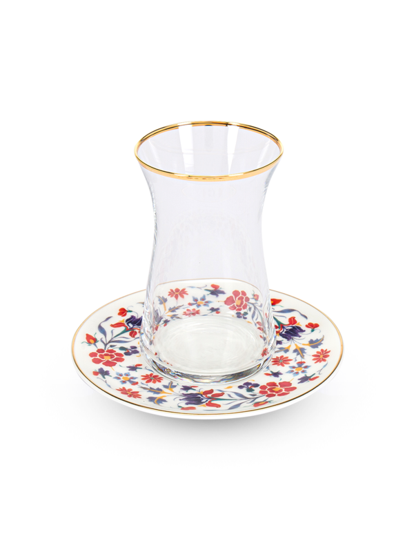 طقم إستكانة مشجر عتيق من 6 قطع مع ملاعق وأكواب زجاجية