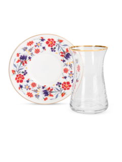 طقم إستكانة مشجر عتيق من 6 قطع مع ملاعق وأكواب زجاجية