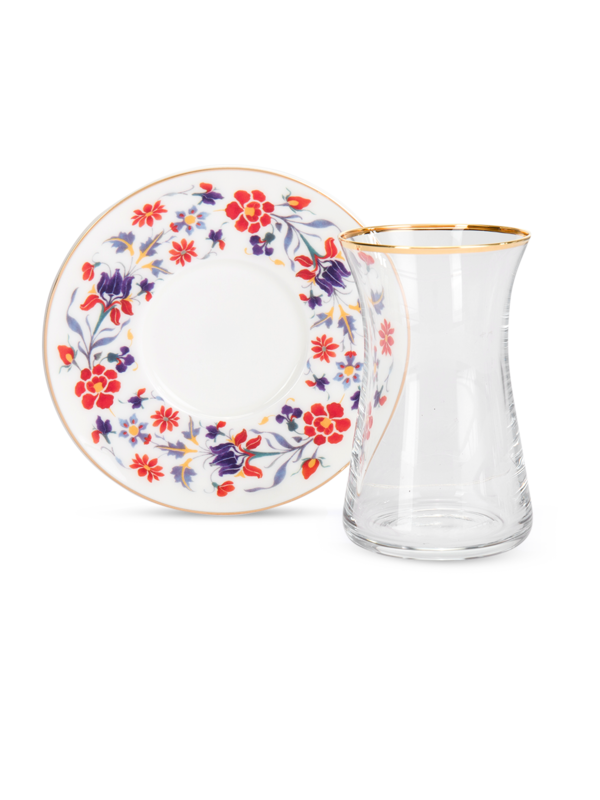 طقم إستكانة مشجر عتيق من 6 قطع مع ملاعق وأكواب زجاجية