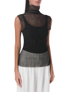 بلوزة شبكية بدون أكمام وبياقة عالية ملفوفة