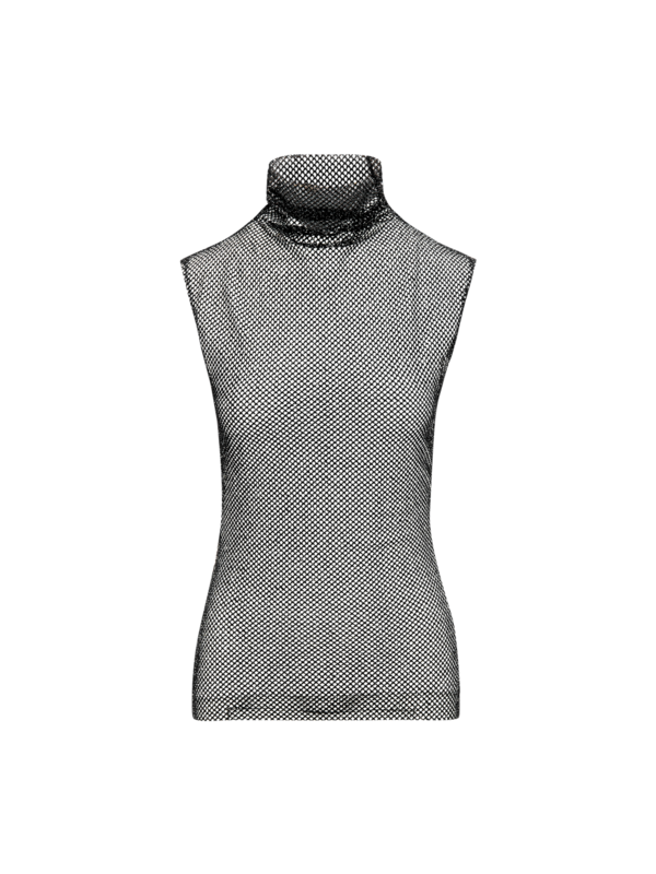 بلوزة شبكية بدون أكمام وبياقة عالية ملفوفة