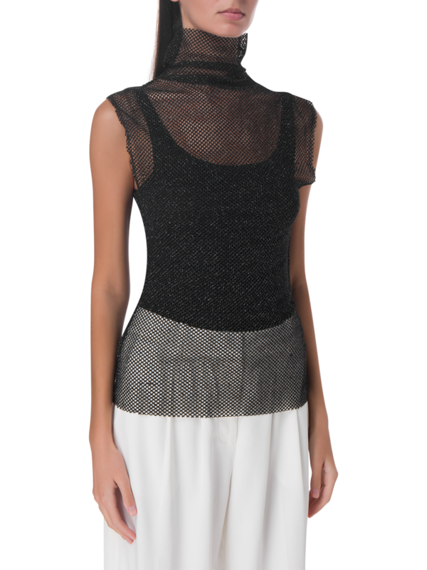 بلوزة شبكية بدون أكمام وبياقة عالية ملفوفة