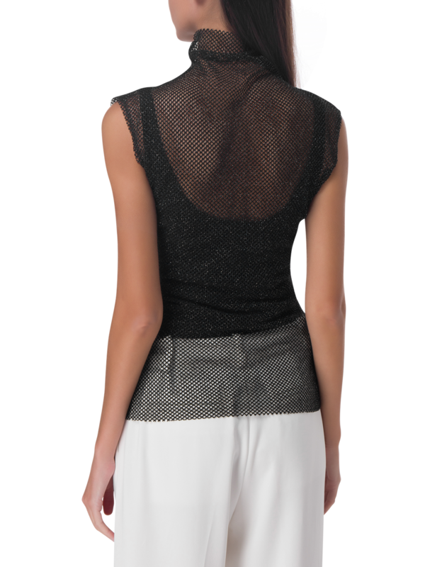 بلوزة شبكية بدون أكمام وبياقة عالية ملفوفة