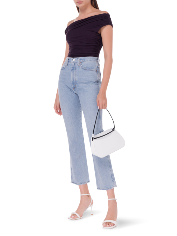 بنطال جينز ضيق من أعلى وواسع من أسفل بخصر مزموم، ريبتايد