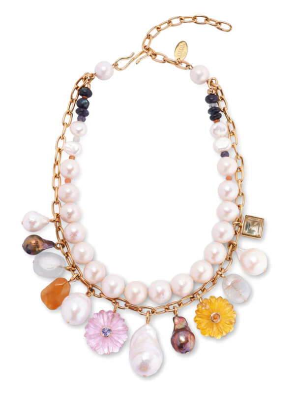 قلادة جوي مرصعة باللؤلؤ مع سلسلة مطلية بالذهب النحاسي مع مزيج من الأحجار